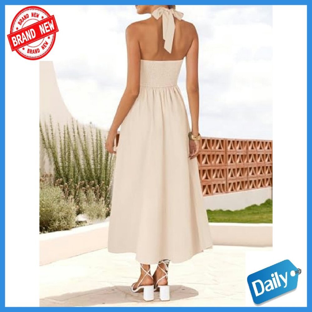 Sleeveless Halter Midi Dress High Waist Flowy Backless Off Shoulder - Picture 4 of 8